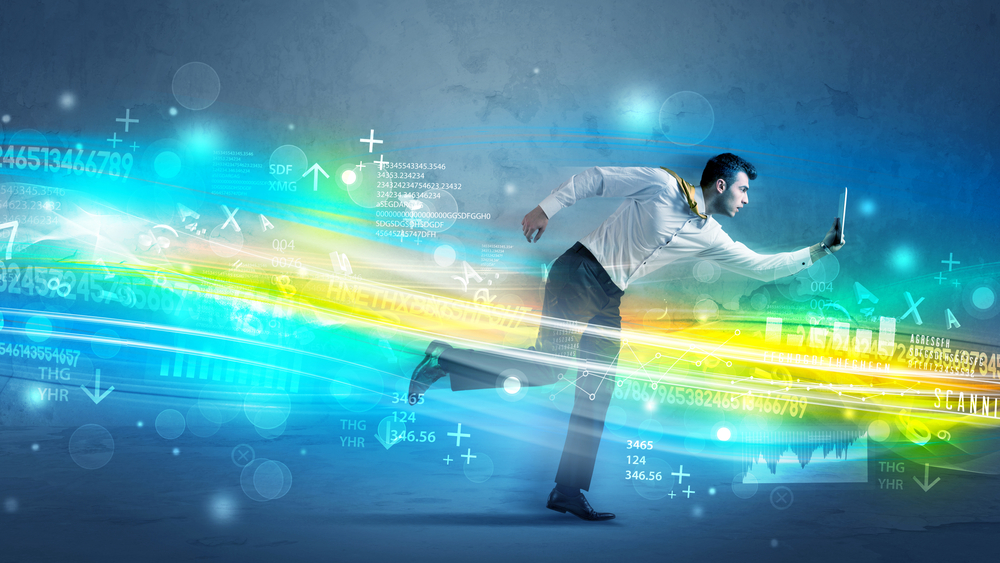 Business man running with device in high tech wave cloud concept on background-1
