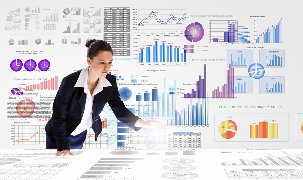 Data Analytics Young businesswoman analyzing data information of market